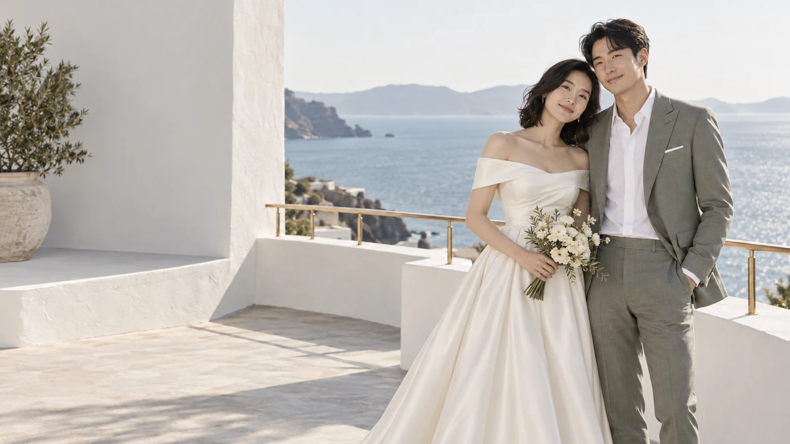 穿灰綠訂製西裝的新郎與穿白色婚紗的新娘,在海岸露臺相依
