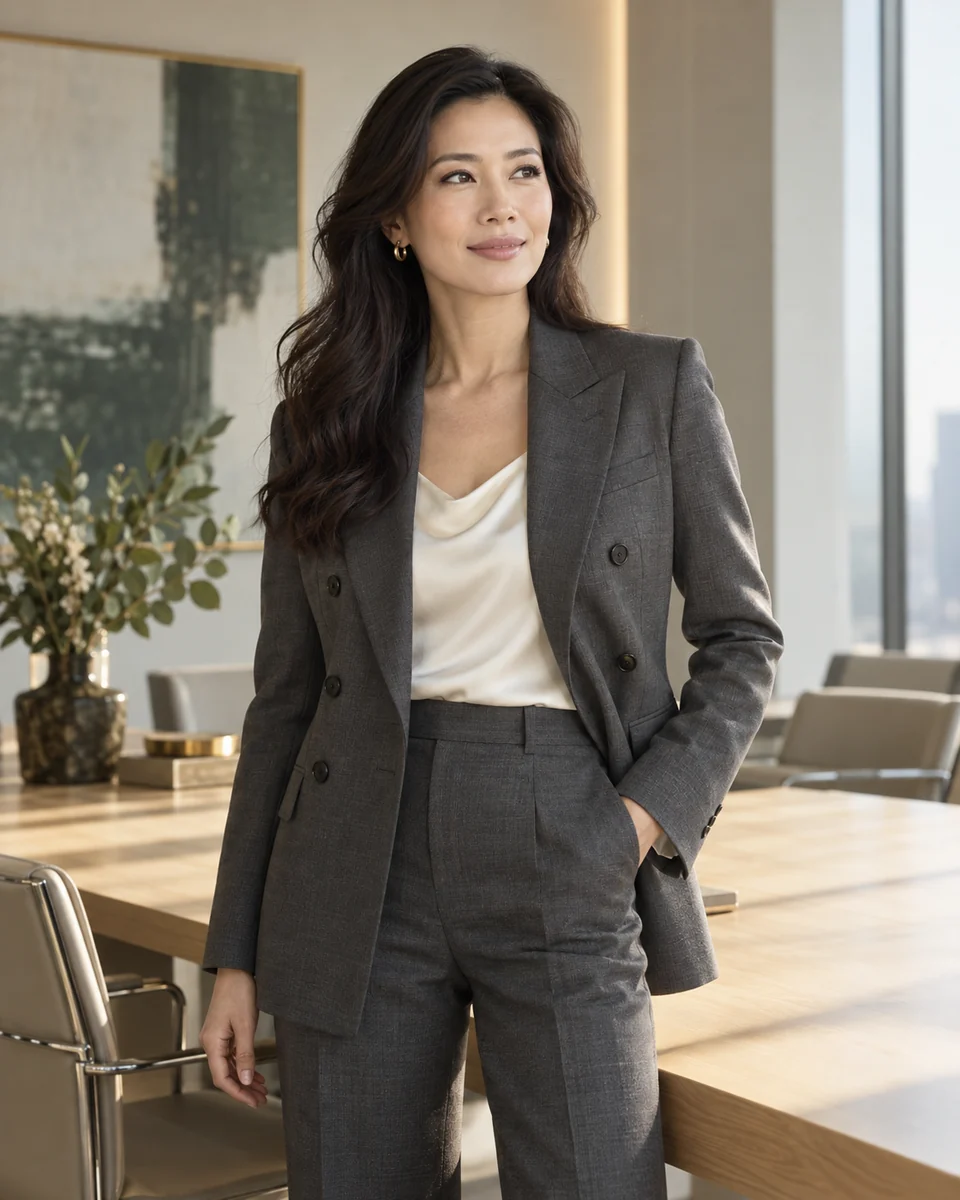 穿深灰套裝的女性站在會議桌旁