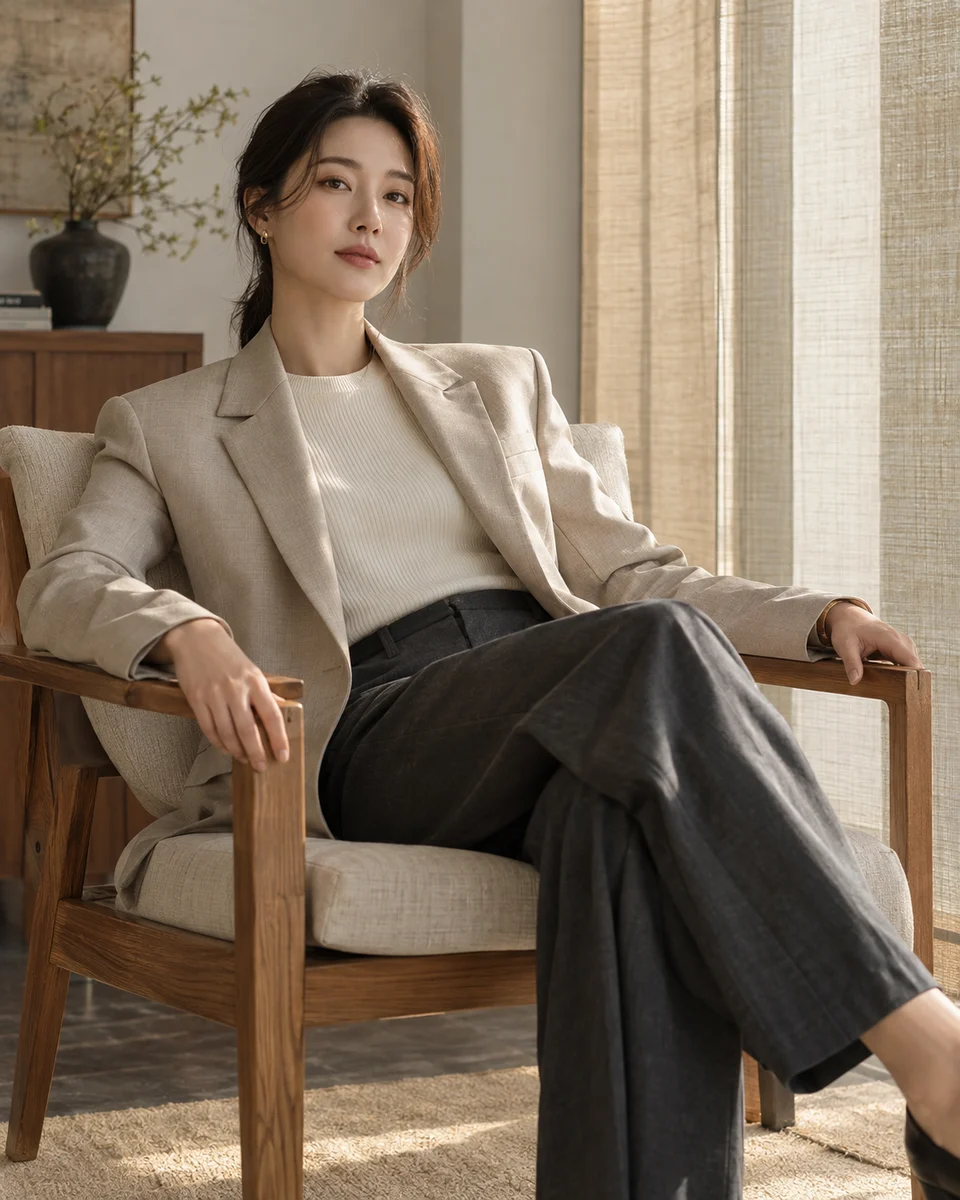 穿搭靈感|淺石色外套 × 針織上衣 × 深色長褲