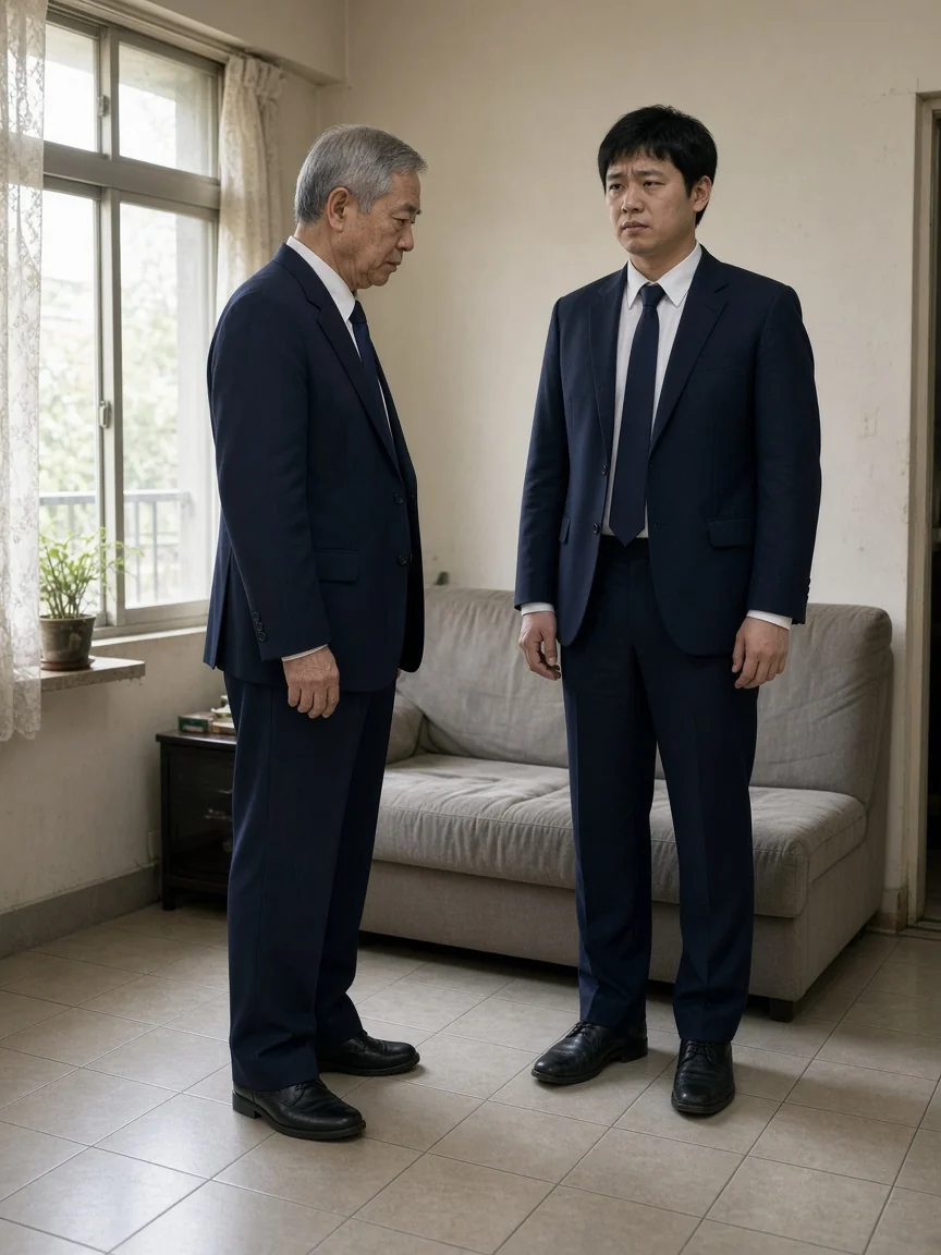示意。家裡客廳，父親看著兒子的領口，兩人準備出門。