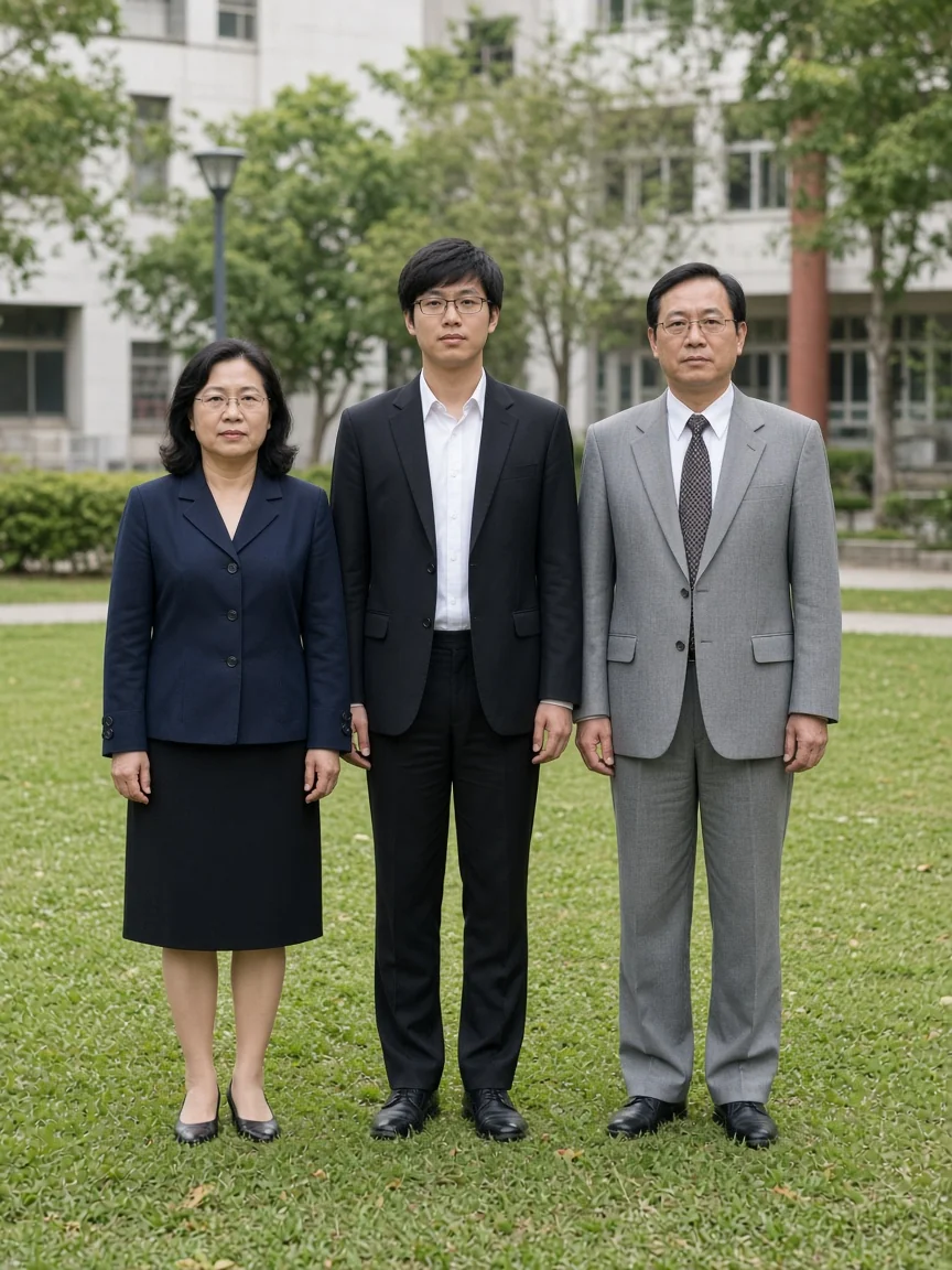 示意。校園草地上，畢業生和父母站在一起拍合照。