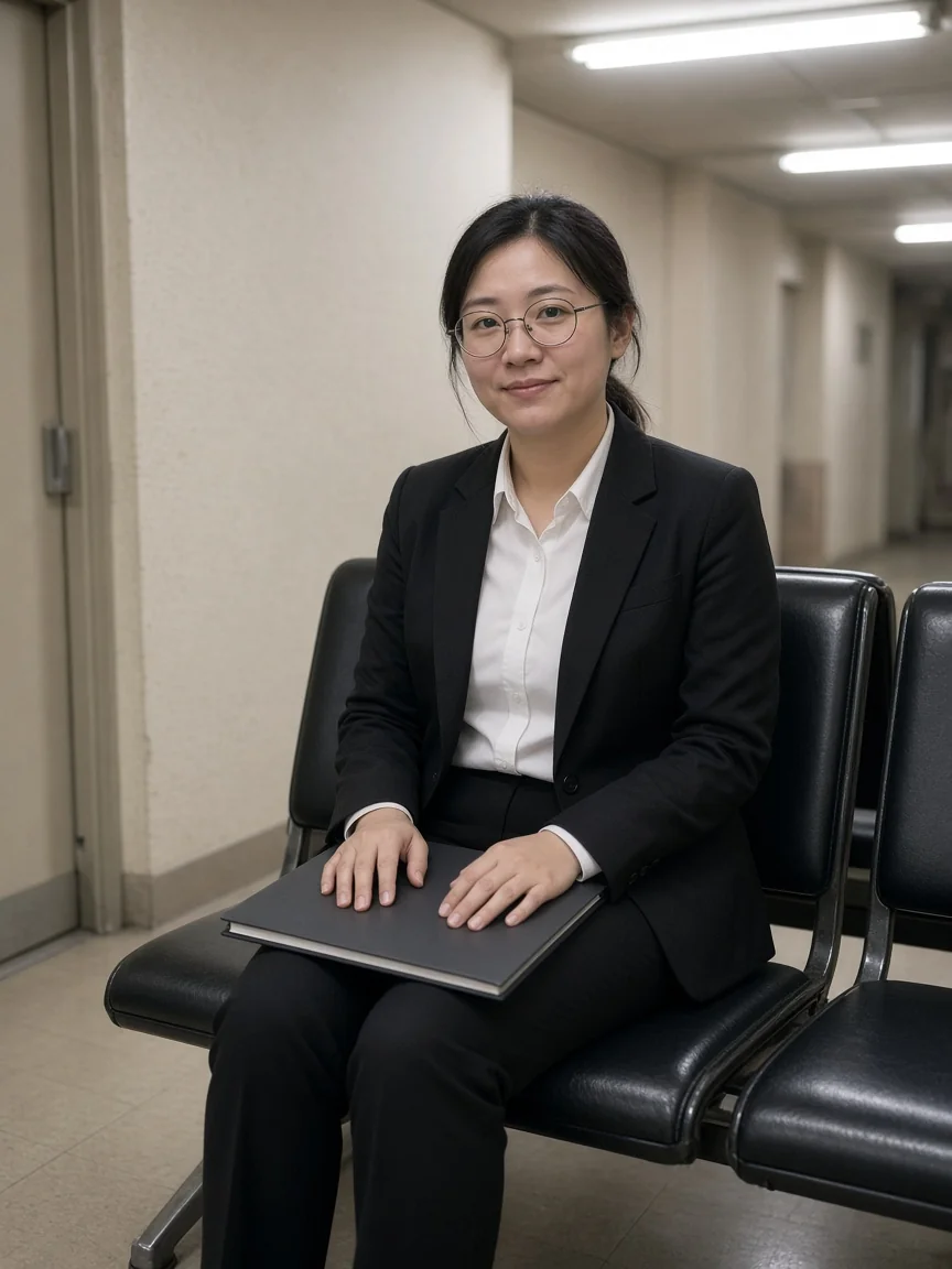 示意。辦公室走廊裡，一位戴眼鏡的女性抱著資料夾等待面談。