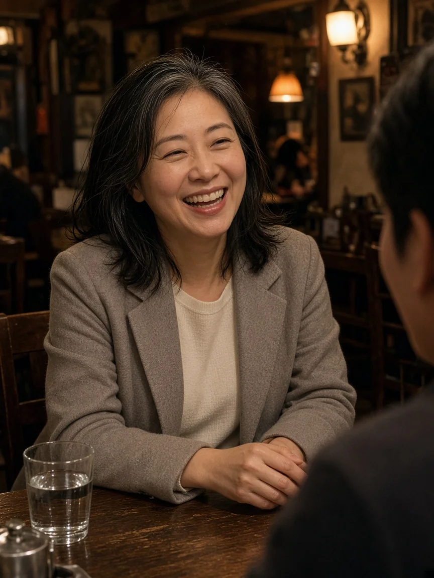 示意。小餐廳裡，一位女性穿著淺褐外套，跟朋友說話。