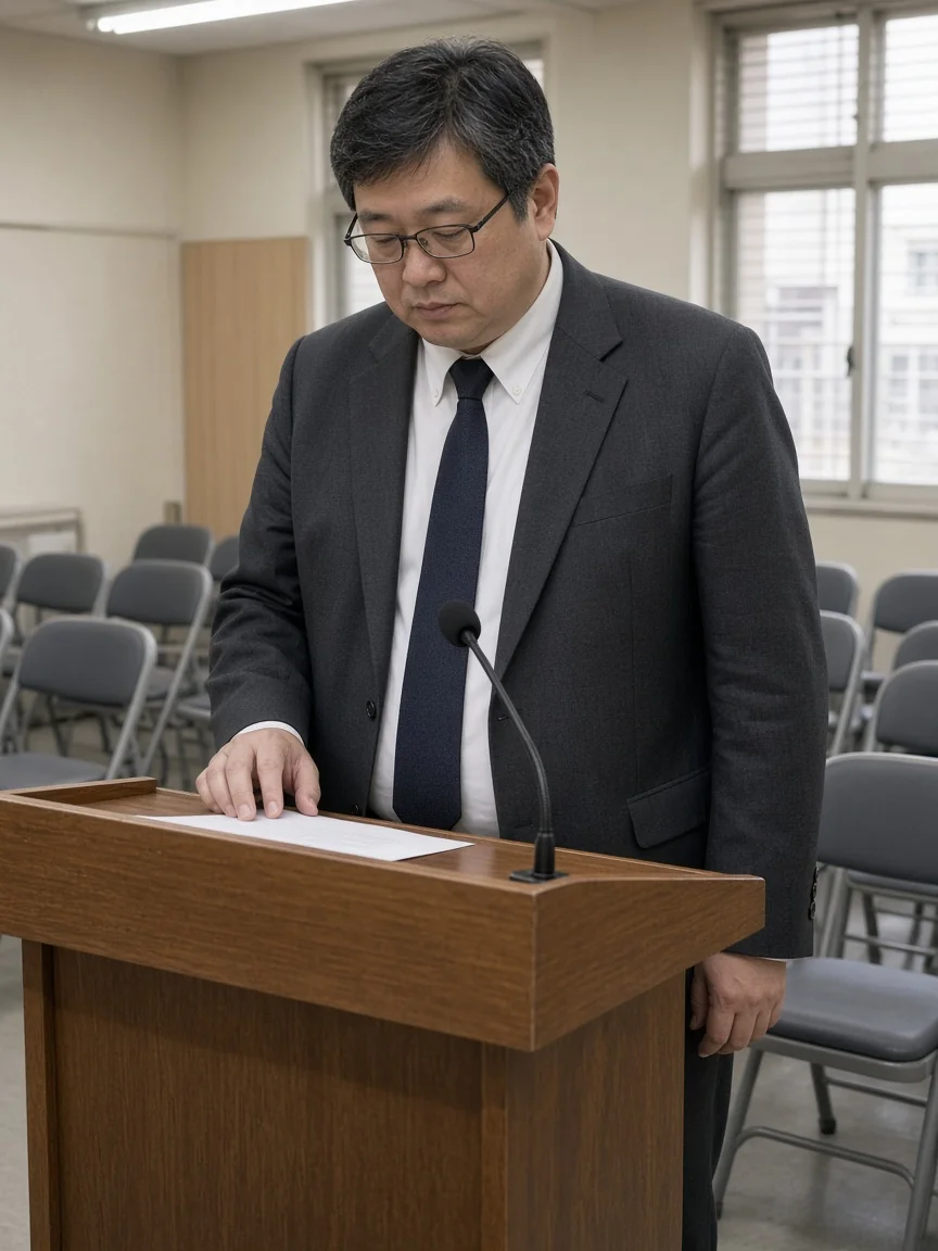 示意。社區活動中心裡，一位戴眼鏡的男性低頭看講稿。