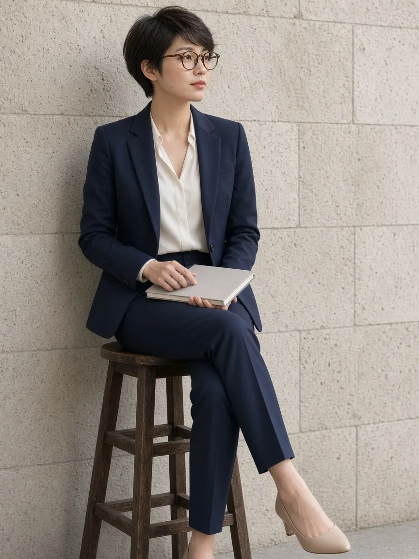 深藍成套的女士上班西裝，女士西裝