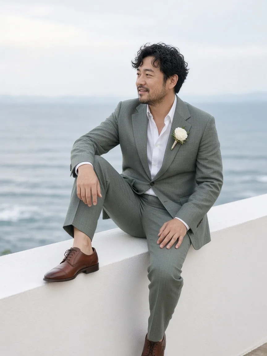 海邊證婚的淺灰綠新郎西裝，婚禮西裝